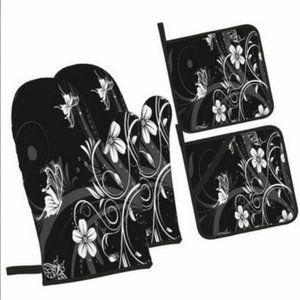 Black White Flower Butterfly Oven Mitts and Pot Holders Hot Pads for Kitchen